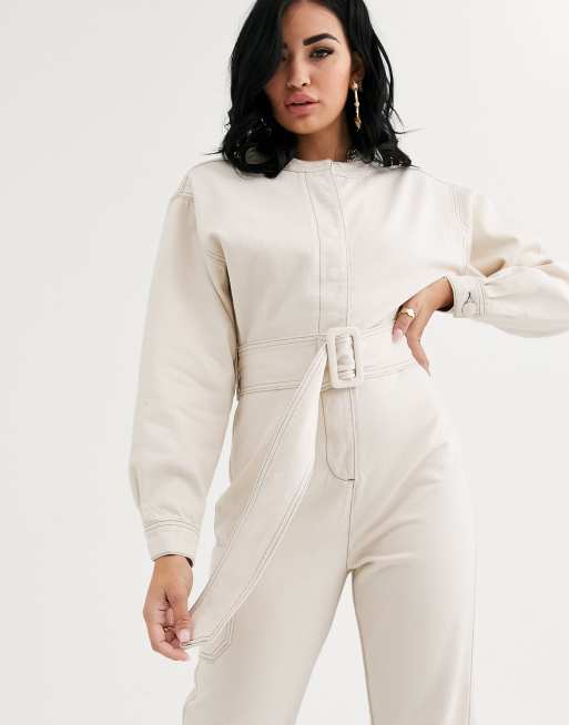 ASOS DESIGN - Tuta jumpsuit di jeans avorio con cuciture a contrasto e cintura, 3 di 4