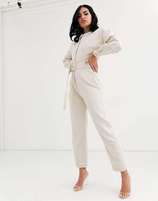 ASOS DESIGN - Tuta jumpsuit di jeans avorio con cuciture a contrasto e cintura, 4 di 4