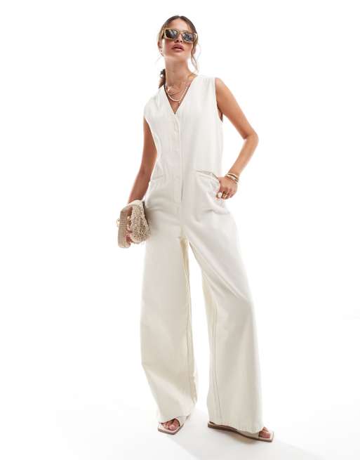 ASOS DESIGN - Tuta jumpsuit di jeans senza maniche colore neutro 