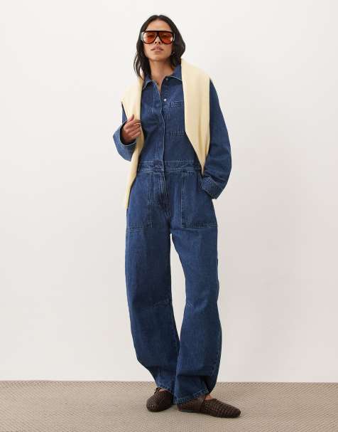 ASOS DESIGN tuta jumpsuit in denim a gamba bombata blu medio scuro - view 1