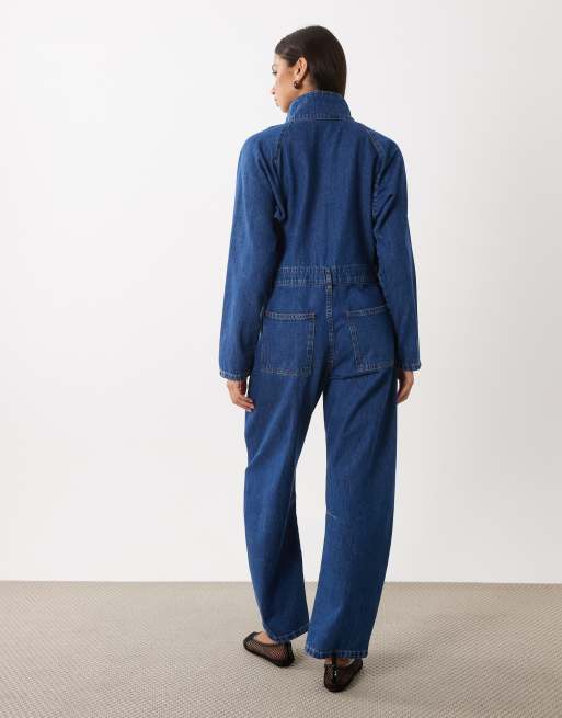 ASOS DESIGN tuta jumpsuit in denim con collo alto in blu medio scuro, 4 di 4