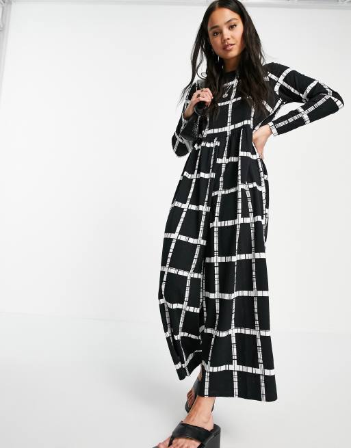 ASOS DESIGN - Tuta jumpsuit in jersey a punto smock con stampa monocromatica a griglia, 4 di 4