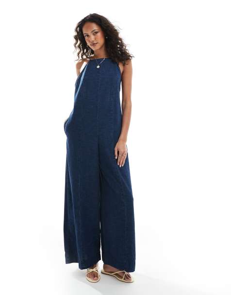ASOS DESIGN - Tuta jumpsuit in morbido denim allacciata al collo con pantaloni extra larghi blu slavato - view 1