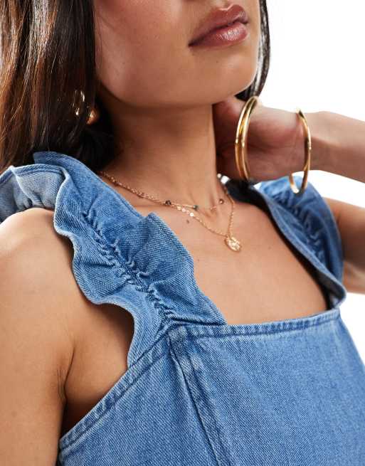 ASOS DESIGN - Tuta jumpsuit in morbido denim blu chiaro con spalline con volant, 3 di 4