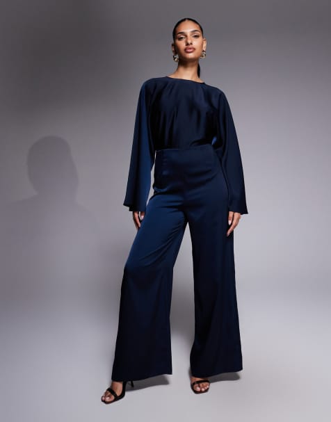 ASOS DESIGN - Tuta jumpsuit in raso blu navy con taglio sbieco in vita e maniche ad ali di pipistrello - view 1