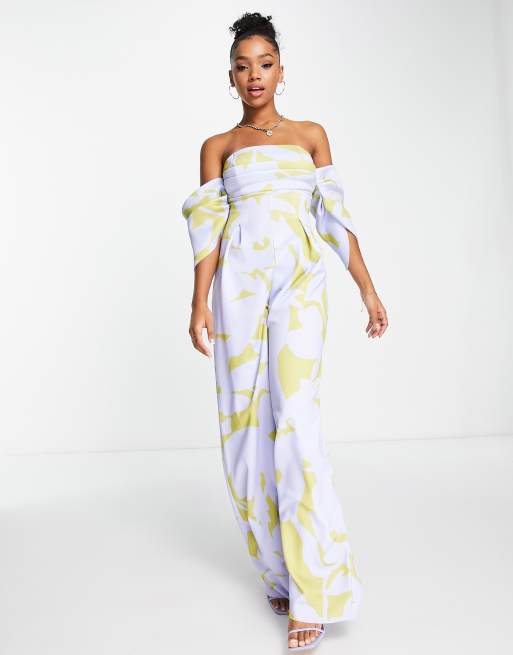 ASOS DESIGN - Tuta jumpsuit in tessuto scuba con stampa a fiori arricciata con scollo alla Bardot