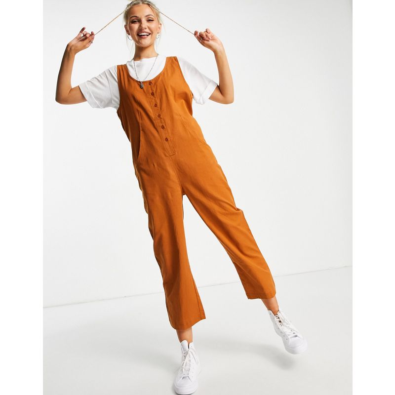 Tute jumpsuit Tute jumpsuit e corte DESIGN - Tuta jumpsuit minimal marrone in lino con bottoni sul davanti