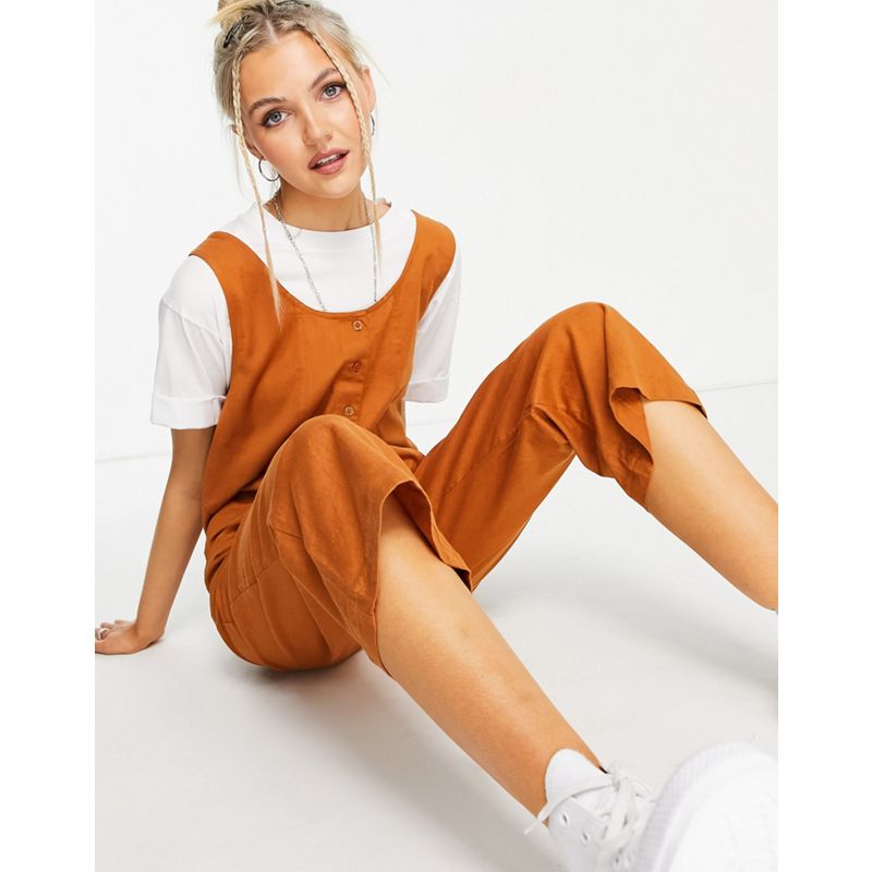 Tute jumpsuit Tute jumpsuit e corte DESIGN - Tuta jumpsuit minimal marrone in lino con bottoni sul davanti