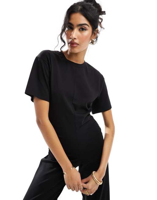 ASOS DESIGN - Tuta jumpsuit nera a fondo ampio con arricciatura laterale, 2 di 4