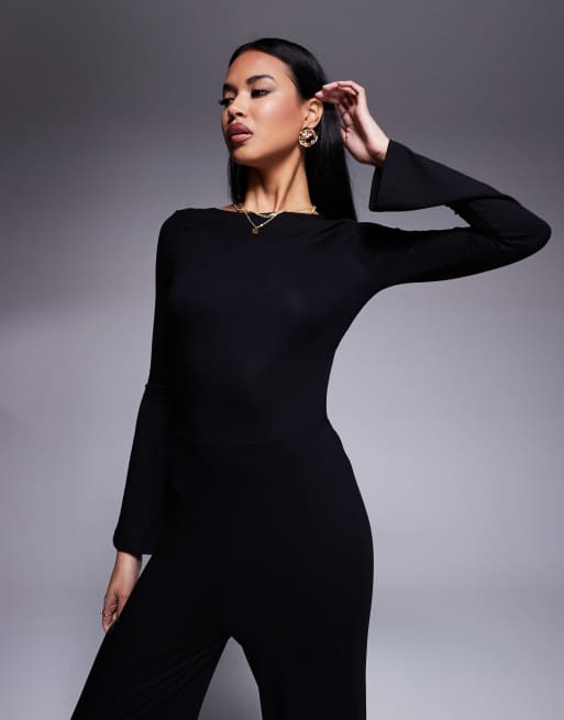 ASOS DESIGN - Tuta jumpsuit nera con maniche a pipistrello, schiena scoperta e allacciatura, 4 di 4