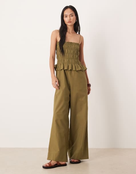 ASOS DESIGN - Tuta jumpsuit peplo arricciata kaki - view 1
