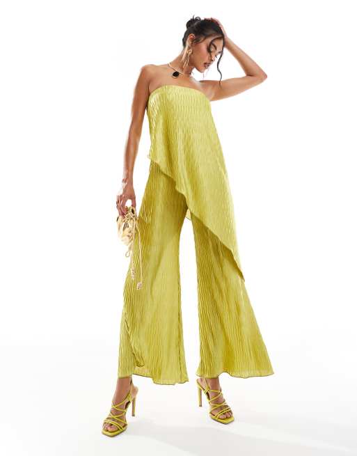 ASOS DESIGN - Tuta jumpsuit plissé a fascia con fondo ampio, colore verde lime