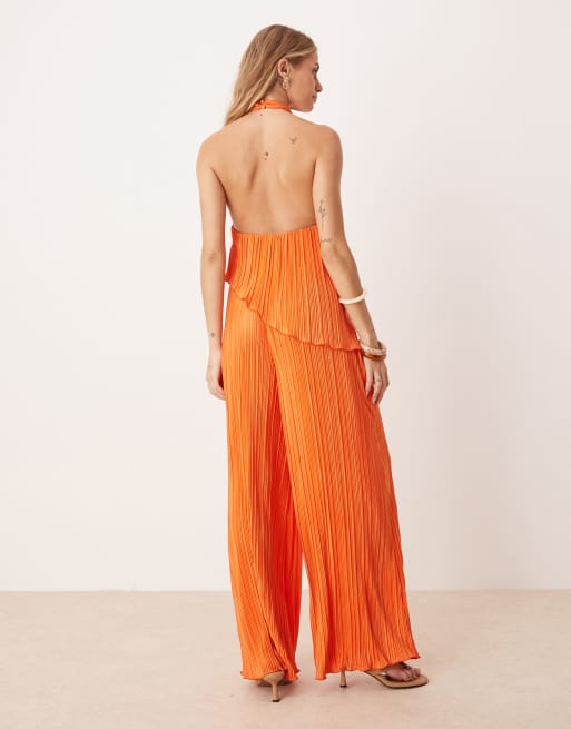 ASOS DESIGN - Tuta jumpsuit plissé allacciata al collo con fondo ampio arancione, 3 di 4
