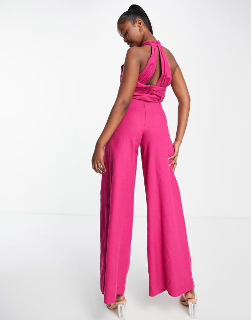 ASOS DESIGN - Tuta jumpsuit rosa acceso testurizzato allacciata al collo con cintura e tasca grande , 2 di 4