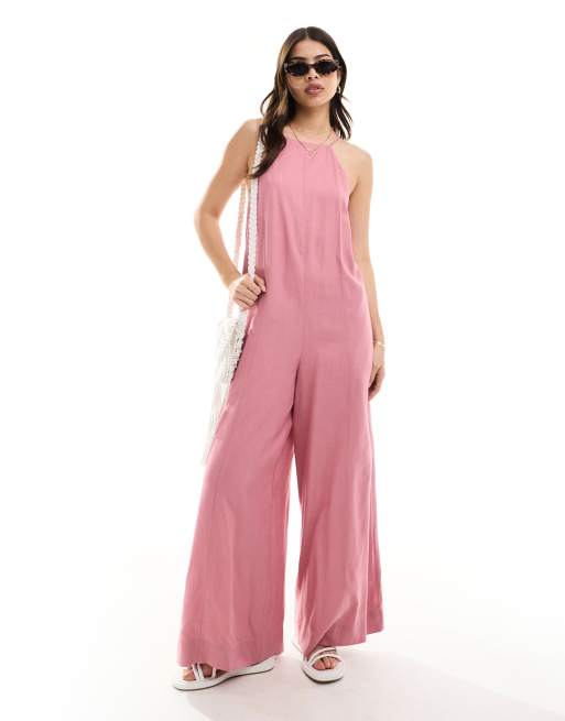 ASOS DESIGN - Tuta jumpsuit rosa polvere in lino con scollo a vogatore e spalline incrociate