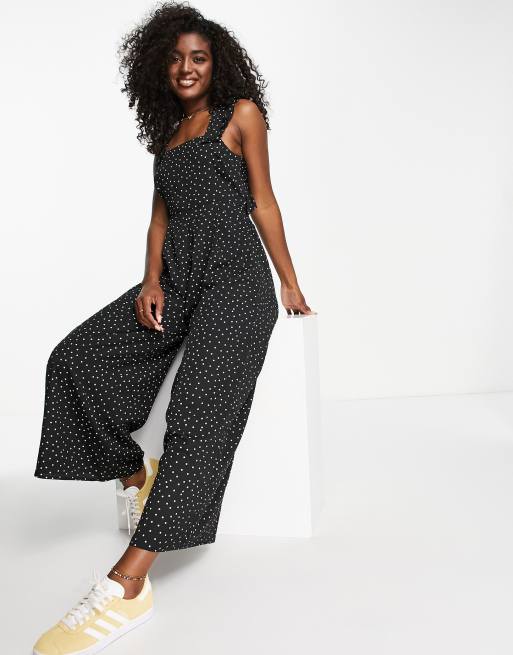 ASOS DESIGN - Tuta jumpsuit scamiciata con volant e incrocio sul retro monocromatica a pois, 3 di 4
