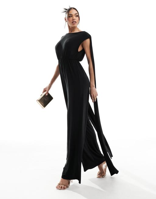 ASOS DESIGN - Tuta jumpsuit senza maniche a fondo ampio nera con dettaglio a mantella sul retro