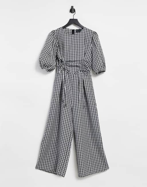 ASOS DESIGN - Tuta jumpsuit stile gonna pantalone a quadretti monocromatici con maniche a sbuffo e arricciatura