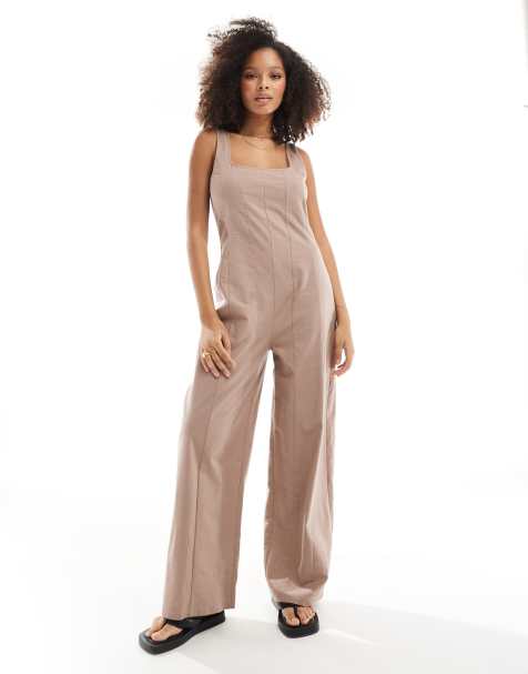 ASOS DESIGN - Tuta jumpsuit stile tennis color talpa con scollo squadrato e nervature - view 1