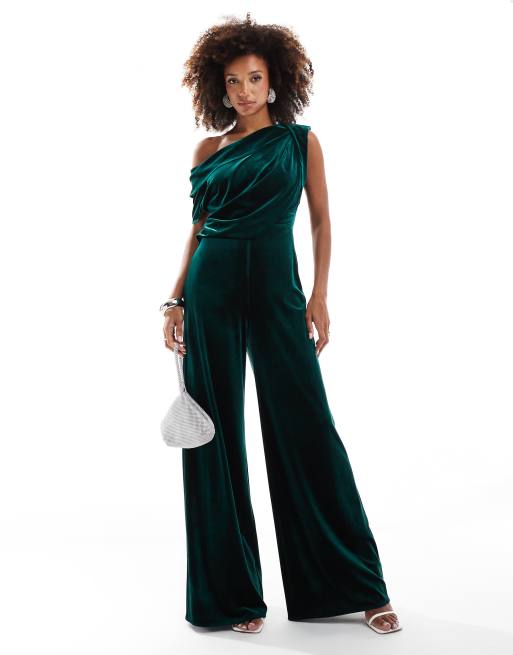 ASOS DESIGN - Tuta jumpsuit verde scuro in velluto a fondo ampio con dettaglio raccolto e spalla scivolata