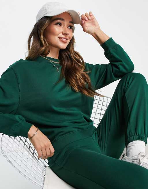ASOS DESIGN - Tuta sportiva slim con felpa e joggers verde scuro, 4 di 4
