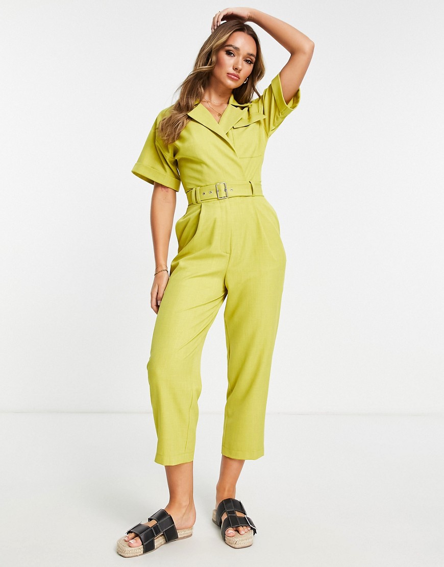 ASOS DESIGN tux belted jumpsuit in chartreuse-Yellow