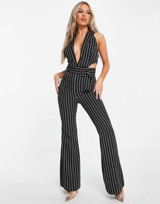 ASOS DESIGN tux halter cut out belted jumpsuit with flare leg in black pinstripe