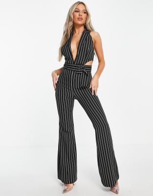 Asos Design Tux Halter Cut-out Belted Jumpsuit With Flare Leg In Black Pinstripe-neutral