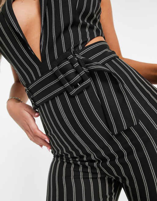 ASOS DESIGN tux halter cut out belted jumpsuit with flare leg in black pinstripe, 3 of 4