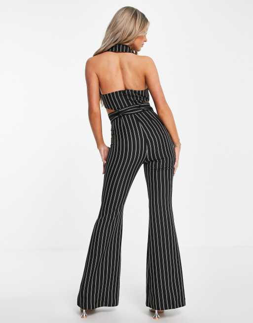 ASOS DESIGN tux halter cut out belted jumpsuit with flare leg in black pinstripe, 4 of 4