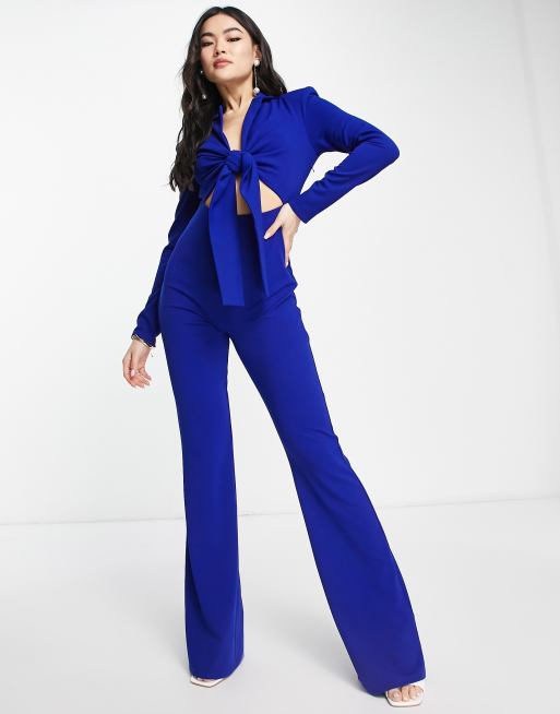 Offset Royal Blue Asymmetric Flared-Leg Jumpsuit With Cape Sleeve