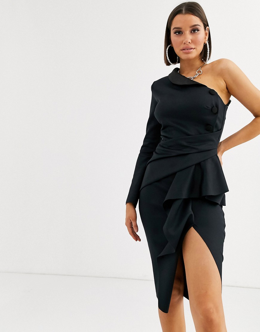 ASOS DESIGN - Tux midi-jurk met blote schouder en volant-Zwart