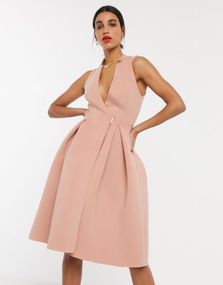 ASOS DESIGN tux midi prom dress with zip detail in mahogany rose-Neutral