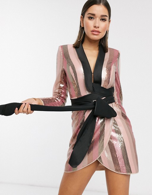 ASOS DESIGN tux mini dress in pink stripe sequin embellishment