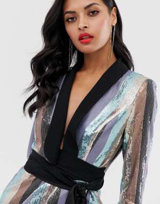 asos design tux dress in stripe sequin embellishment