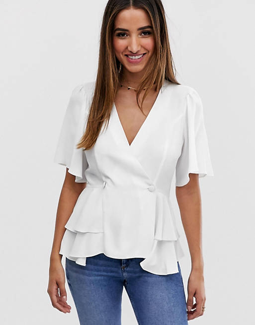 ASOS DESIGN tux top with angel sleeve and button detail in Ivory