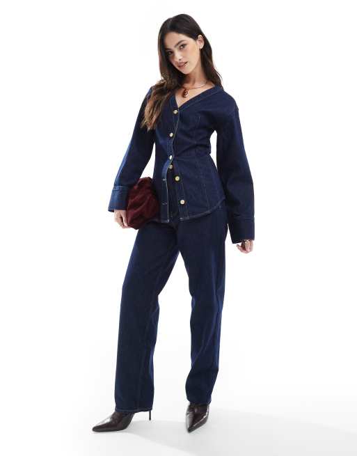 ASOS DESIGN – Tvättad jeansskjorta med v-ringning utan krage, del av set, 3 av 4