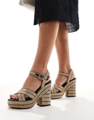  Twiggy cross strap wedges in black and natural raffia