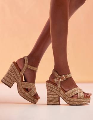 ASOS DESIGN Twiggy cross strap wedges in natural raffia-Neutral