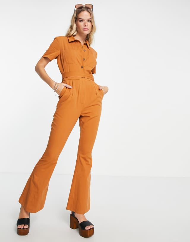 ASOS DESIGN twill 70s kickflare boilersuit in brown