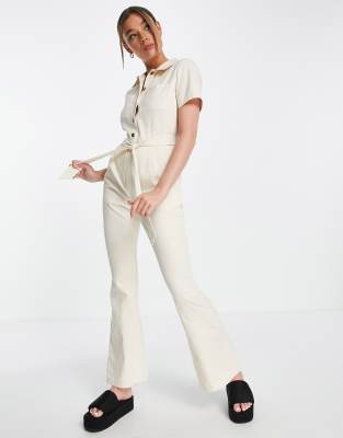 ASOS DESIGN twill 70s kickflare boilersuit in cream