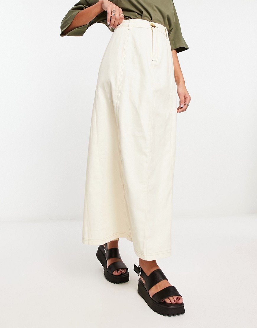 Asos Design Twill A-line Midi Skirt In Vanilla-white