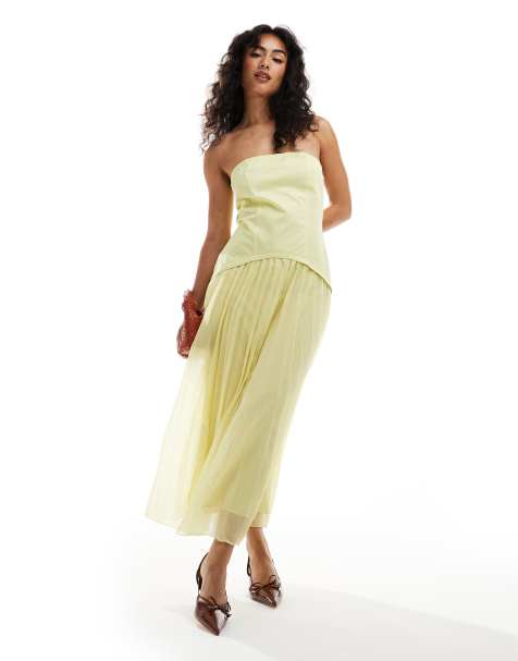 ASOS DESIGN twill bandeau and chiffon pleated midi dressin washed lime - view 1