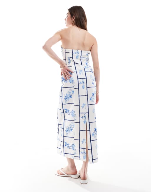 ASOS DESIGN twill bandeau midi dress in blue floral tile print, 3 of 4