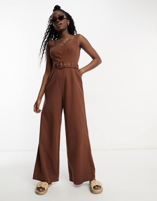 ASOS DESIGN twill belted jumpsuit with square neck in chocolate