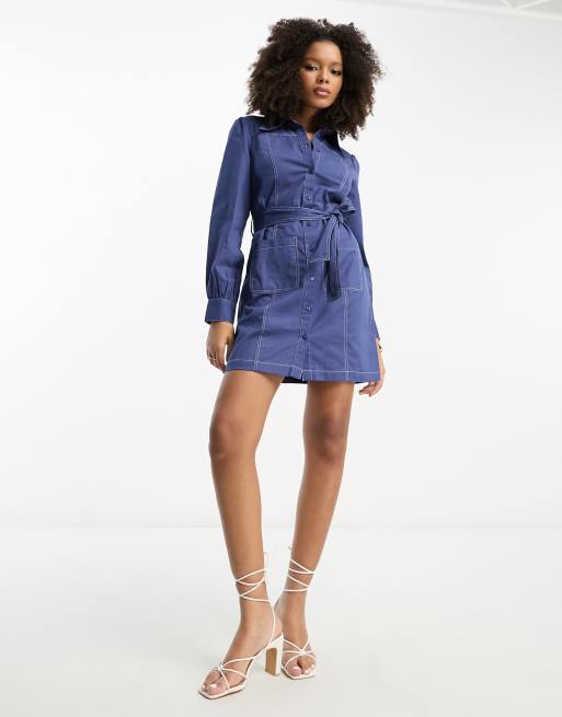 ASOS DESIGN twill belted shirt dress with contrast stitch in blue