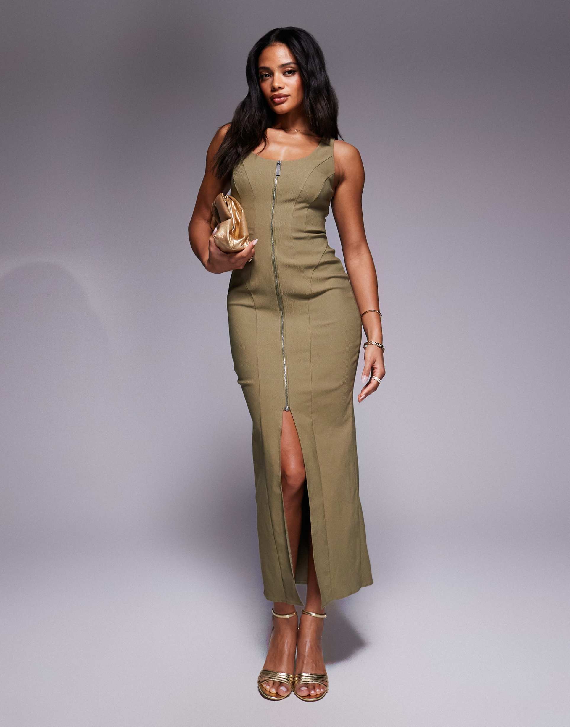 asos design twill bengaline zip detail seamed midi dress in khaki