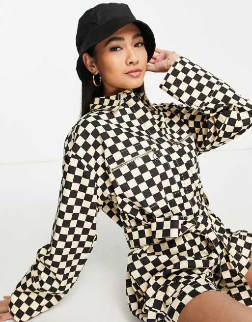 ASOS DESIGN twill boilersuit romper in mono checkerboard , 4 of 4