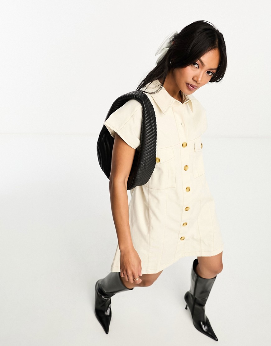 ASOS DESIGN twill boxy sleeveless shirt mini dress with contrast stitch in cream-White
