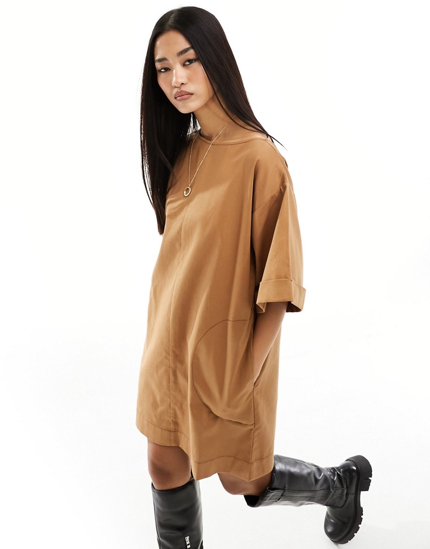 ASOS DESIGN twill boxy t-shirt mini dress in biscuit-Brown